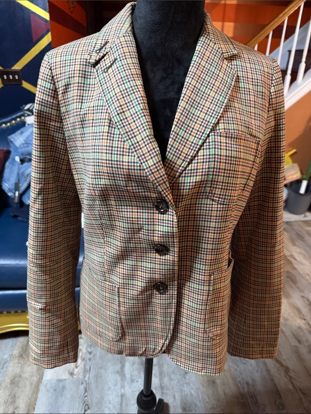 Women's Plaid Tailored Blazer Jacket - Brown/Green Checked